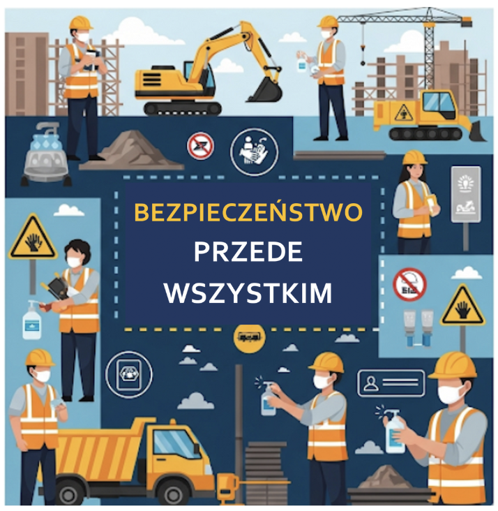 Grupa pracowników budowlanych w kaskach i z narzędziami, uśmiechnięci po szkoleniu.